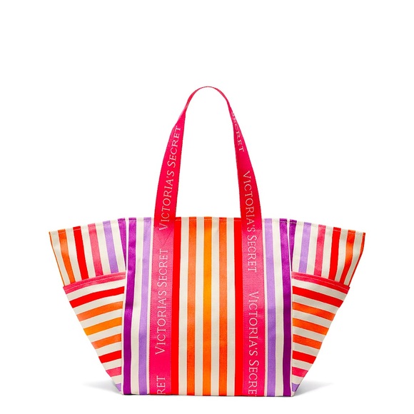Victoria’s Secret pink and orange stripe zipper tote bag - Picture 1 of 7